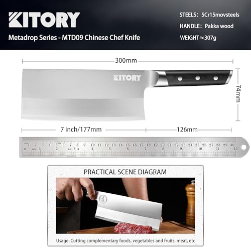 Kitory Cleaver 7", Lite Chinese Chef`s kitchen knife, for unfrozen meat and vegetable, pakkawood handle with super sharp 50Cr16MoV German Stainless steel blade, gift box — view 2