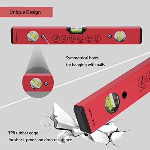 BETHEL Torpedo Level, 16\" Magnetic Torpedo Spirit Level Tool with 3 Vials, 45°/90°/180°Degrees, Aluminum Shockproof Bubble Level, High Visibility Red Durable Measuring Leveler - Thumbnail 5
