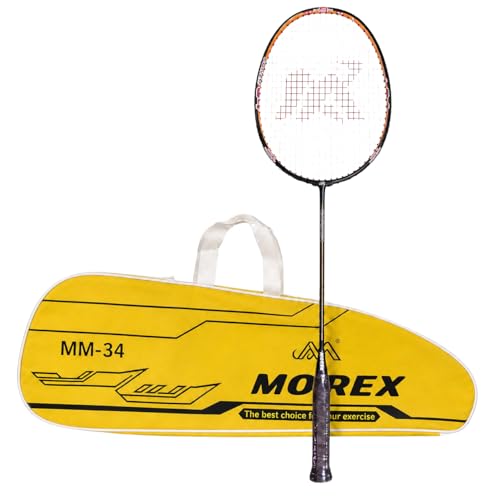 Image of Morex Carbon Graphite Badminton Racket with Full Cover Bag | Durable Carbon Shaft & Curve Frame for Better Sweet Spot & Smash Power | Ideal for Beginners & Advanced Players (Black & Orange)