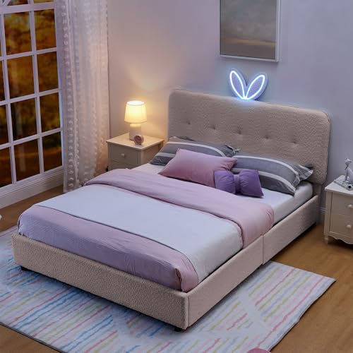 Image of Queen Led Bed Frame with 4 Storage Drawer, Upholstered Platform Floor Bed with Rabbit Ear Headboard Daybed Strong Wooden Slats No Box Spring Needed for Kids Girls Boys, Pink