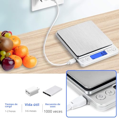 Miniatura 2 de Básculas De Cocina Digitales, Carga Usb, 3 Kg 0,1 G, Eléctricas, Impermeable, Recargable Por Usb,Acero Inoxidable