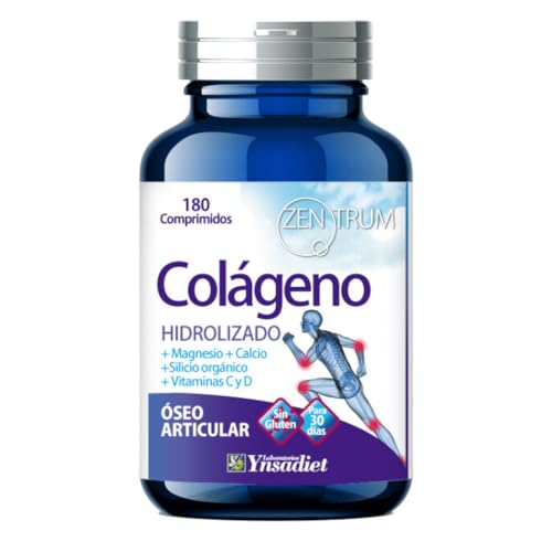 YNSADIET Zentrum Colágeno Hidrolizado | Laboratorios Complemento Alimenticio con Magnesio, Calcio, Silicio y Vitaminas C y D para Articulaciones y Huesos | Sin Gluten | 180 Comprimidos