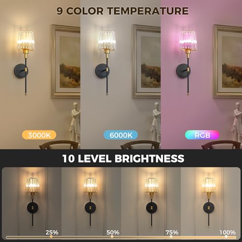 Image of DORESshop Battery Operated Wall Sconce Set of 2, Wireless Wall Light, 15 Color Rechargeable Wall Sconces, Sconce Wall Decor Set of 2 for Bedroom, Living Room, Gold and Black Crystal, 24.6in