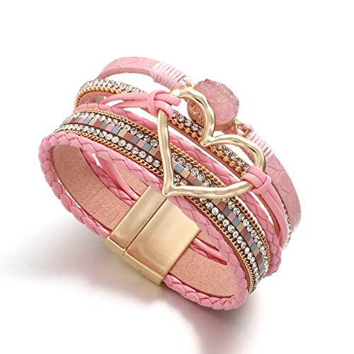 Hotoo Leather Wrap Bracelet For Women Pink Beaded Cuff Bracelet With Heart-Shape Decor Bohemian Crystal Bracelet Jewelry With Clasp Bangle Bracelet For Women Girls Birthday Holiday Gift #TOP2