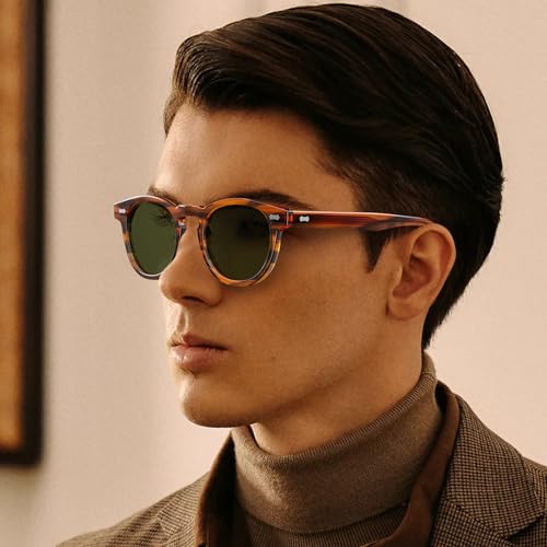 CARFIA Cool Retro Acetate Sunglasses for Men Polarized UV Protection, Keyhole Round Shades with Embossed Pattern Wire Core2