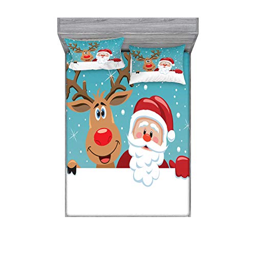 Ambesonne Santa Fitted Sheet & Pillow Sham Set, Rudolph Deer and Santa Claus Greeting The New Year Happily in Cartoon Style, Decorative Printed 3 Piece Bedding Decor Set, Full, Blue Brown Red