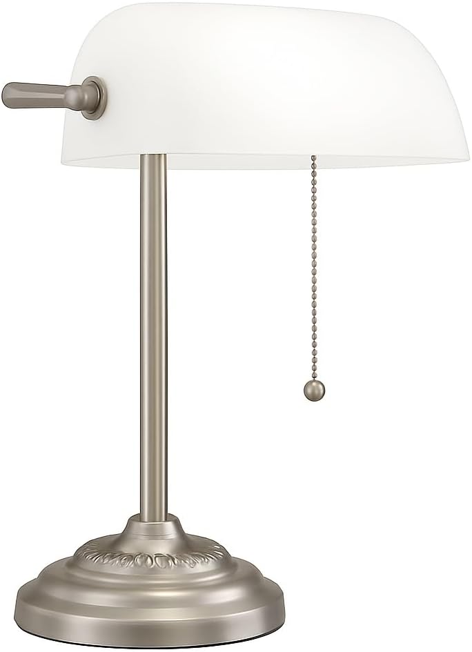 LIGHTACCENTS Bankers Desk Lamp with White Glass Shade, Nickel Finish - Traditional Desk Light for Home Office, Reading, Piano, Bedside