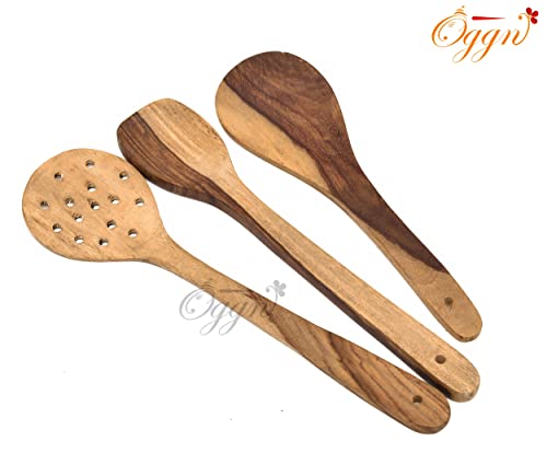 Image of Sanjeev Kapoor by OGGN Mango Wood Serving & Cooking Spoon Set of 7, Handmade Wooden Spatula Set for Cooking, Non Stick Kitchen Tools, Turner, Ladle, Pasta & Frying Spoon, Natural Cookware