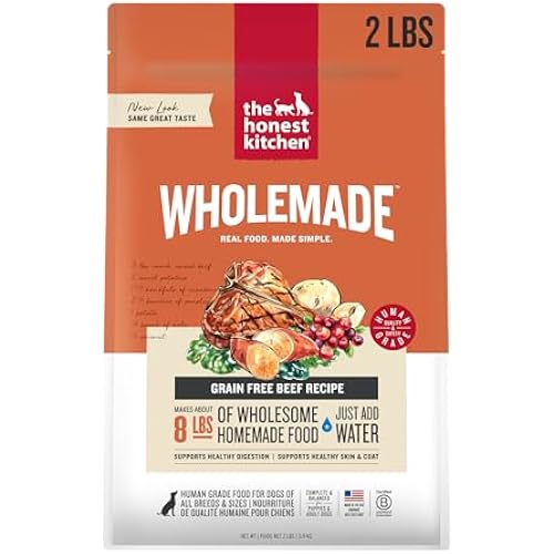 The Honest Kitchen Wholemade Grain Free Beef Recipe, Human Grade Dehydrated Dog Food, Just Add Water, Supports Healthy Digestion, Skin & Coat, Topper for Dry or Wet Dog Food, 2 lb Box Makes 8 lbs