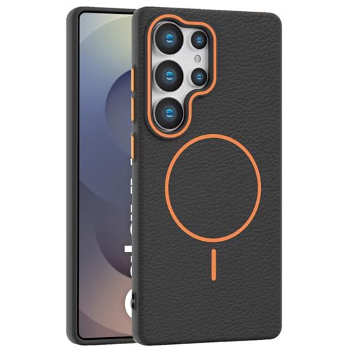 Image of Elzzi Magnetic Case for Samsung Galaxy S25 Ultra, Lychee Texture [Compatible with MagSafe] Premium PC+TPU Back Cover Microfiber Inner Lining, Protective Phone Case (Black)