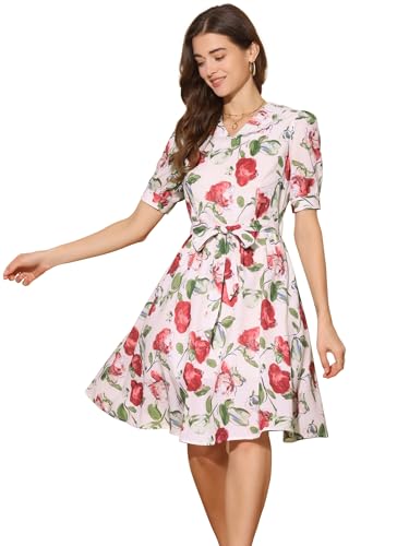 Image of Allegra K Women's Vintage Peter Pan Collar High Waist Flowy Midi Puff Sleeve Floral Dress