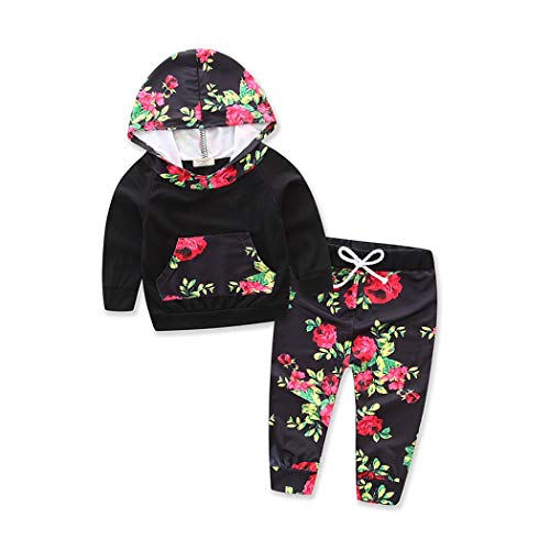 LXXIASHI 2Pcs Toddler Infant Baby Boy Girl Long Sleeve Leopard Hoodie Top + Pants Outfits Set. (Red Flower- Black, 2-3 Years)