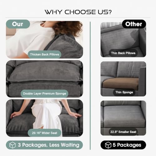 Image of 97 inch V Shaped 5 Seat Sectional Couch, Comfy Chenille Upholstered Modular Cloud Sofa, Convertible L Shaped Corner Couch with Storage Armrests & 2 Pillows, Sectional Couches for Living Room, Grey