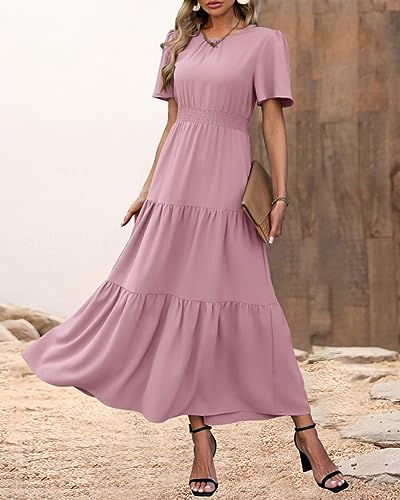 Image of PRETTYGARDEN Women's Casual Smocked Boho Floral A-Line Maxi Dress 2026 | Summer Short Flutter Sleeve Crewneck Tiered Long Sundress,Fall Wedding Guest Dresses,Spring Cute Flowy Beach Vacation Clothes