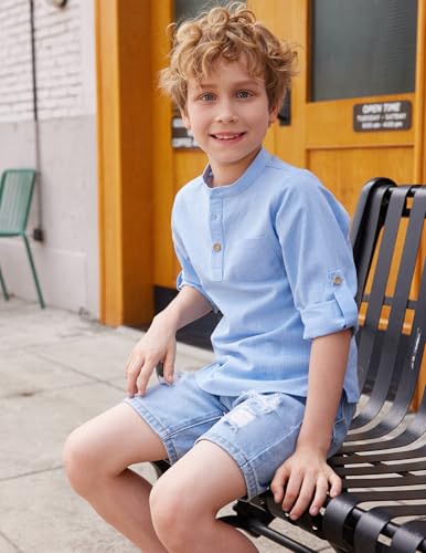 Image of Arshiner Boys Cotton Linen Henley Shirt Button Down Shirt Long Sleeve T Shirt Beach Shirt Tee Casual Solid Tops
