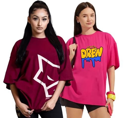 Image of LEOTUDE Cottonblend Oversized Half Sleeve Colorful Printed Combo T-Shirts for Women (Pack of 2)