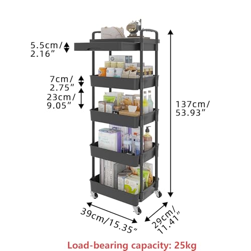 Image of Calmootey 5-Tier Utility Cart with Drawer & Wheels, Storage for Home,Office | Space-Saving Organizer, Sturdy Plastic Shelves, Smooth-Rolling Metal Wheels, Built-in Drawer for Small Items, Black