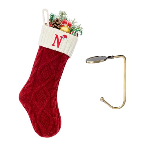 VRFASHION Christmas Stockings with Initials, Letter N Embroidered Xmas Stockings, 18" Large Monogram Knitted Xmas Stocking, Christmas Party Fireplace Family Hanging Stocking Decorations 1Pcs Red-White