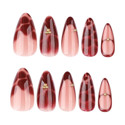 Image of Red Press on Nails French Tip Fake Nails Medium Almond Nails Flower Nails | Floral Design Burgundy Figure Stick on Nails Reusable Nude Glossy Full Cover Nails Press ons for Women Manicure 24Pcs