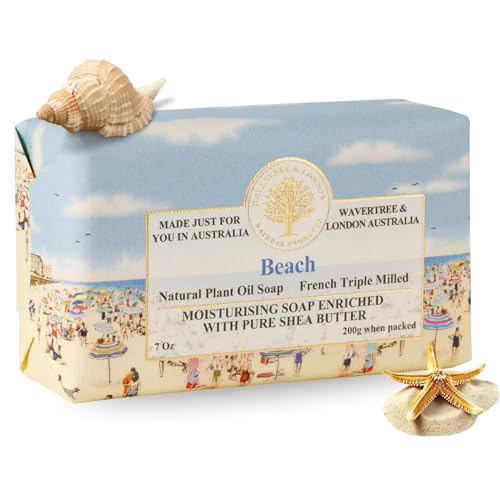 Wavertree & London Beach Scented Natural Soap Bar, 7oz Moisturizing French Triple Milled Soap Bar for Women & Men Enriched with Organic Shea Butter, Pure Bath & Body soap bar (1 Bar)