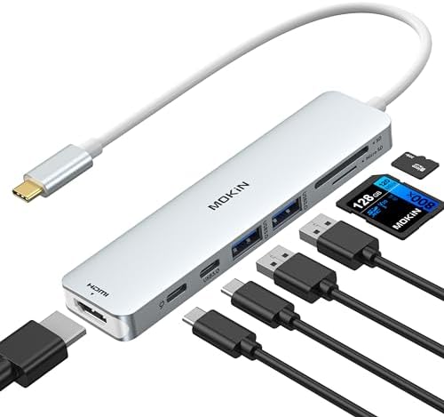 MOKiN USB C Hub, 7 in 1 HDMI Adapter für MacBook Pro/Air, Mac Dongle | USB C Adapter mit HDMI Hub, 2x USB 3.0, PD 100W, SD/microSD, Multiport Adapter für iPad, Lenovo Dell XPS(Silb