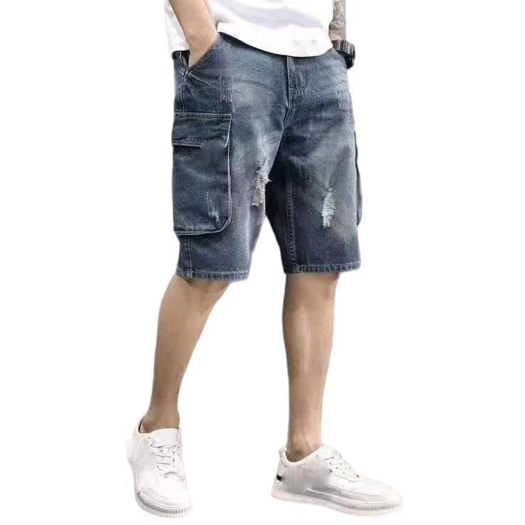 Short cargo en denim ample à plusieurs poches style rétro délavé - 5