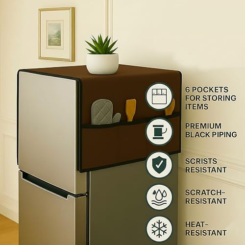 Image of Refrigerator Single Door Waterproof, Dustproof, Refrigerator Top Cover, Protective Cover for Fridges with Extra Storage Space Nylon Top cover with 6 Storage Pockets ( Coffee, 130 x 54 cm )