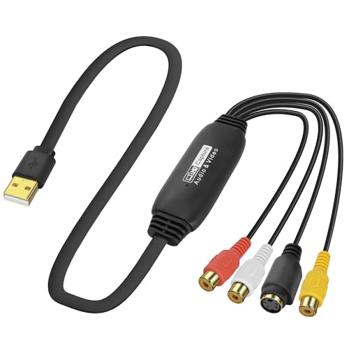 XMSJSIY USB 2.0 Audio Video Capture Tarjeta S Video RCA a USB Grabador Digital CVBS VHS VCR a convertidor digital para reproductor de DVD, portátil, PC, grabación de cinta - 1,2 m (S-Video + 3 ranuras