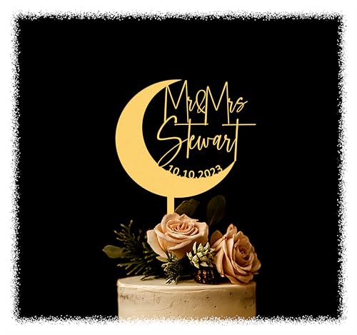 Personalized Crescent Moon Wedding Cake Topper, Custom Celestial Cake Topper