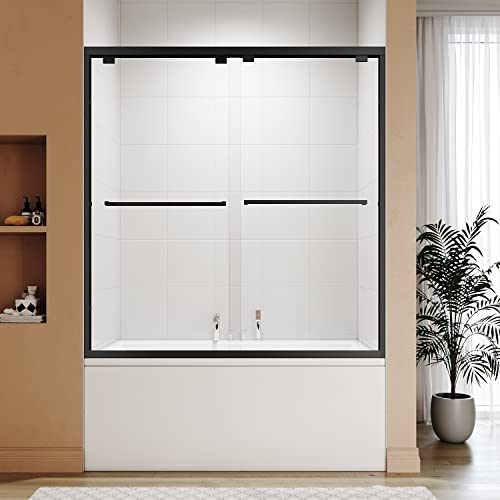 Sunny Shower 58.5-60 In. W X 62 In. H Sliding Door Tub Glass Shower Doors For Bathtub, 1/4 In. Clear Glass Panel 2 Black Hardware Tub Shower Enclosure, Matte Black, Eds 62 In. H X60 In. W #TOP9