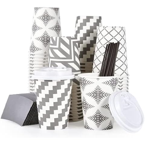 100 Pack 12 oz Paper Coffee Cups, Disposable Coffee Cups with Lid, Sleeve, and Straws, Four Designs of Hot Coffee Cups, Disposable Paper Cups, and Drink Cups for Home, Stores, and Cafes Cover