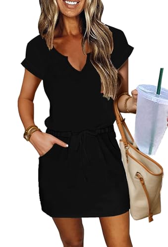 Image of SAUKOLE Women Summer T Shirt Dress Casual Short Sleeve V Neck Dress with Pockets Drawstring Waist Short Dresses