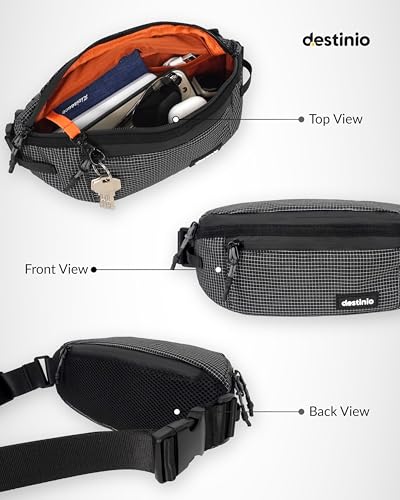 Image of Destinio Waist Bag for Men & Women, Travel Waist Pouch & Fanny Pack with Waterproof Zippers, Back Pocket, Anti-Theft Design, Key Holder, Adjustable Crossbody Strap (Grey Zipper)