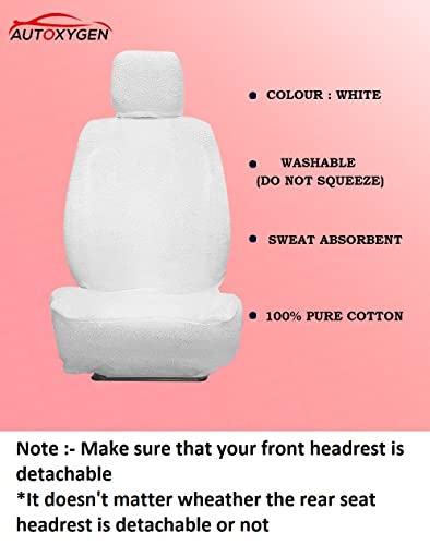 Image of AUTOXYGEN Car Towel Seat Cover Accessories Front & Rear 100% Pure Cotton Fabric, Sweat Control Complete Set for Swift Dzire (Front Detachable Headrest, White)