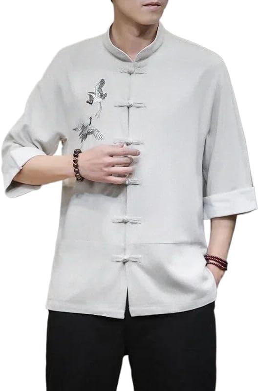 Embroidery Shirts Traditional Chinese Vintage Men's Half Sleeve Linen Solid Madarin Collar Kungfu Cardigan
