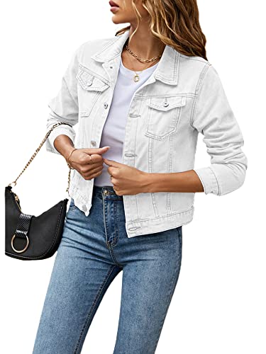 Women's Solid Color Basic Button Denim Jacket with Pockets, Casual Denim Jacket Top (A-White, S)