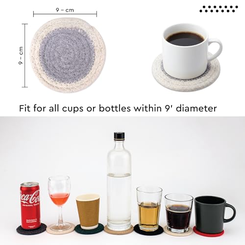Image of Encasa XO Drink Coasters Set of 6 | Light Grey & Off White with Round (9 cm) | Handcrafted Ribbed Cotton | Absorbent & Heat-Resistant | Use for Tea, Coffee Table & Desk