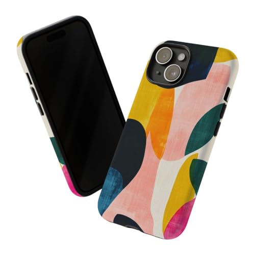 Coque iPhone 15 rigide mate bleu et design abstrait coloré