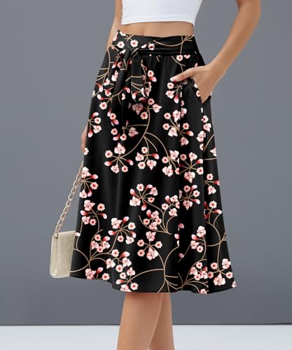 NILOUFO Midi Skirts for Women with Pockets - Summer High Waisted Casual Flowy Tie Knot Skirt for Work Beach Vacation 2026(Flower Gypsophila Black, Medium) — view 3