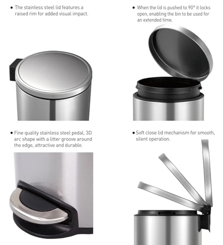Image of Obsessions EKO Soft-Close Bathroom Trash Can - 8L Stainless Steel Pedal Bin with Lid & Liner, Elegant Waste Basket for Home & Office, Metallic
