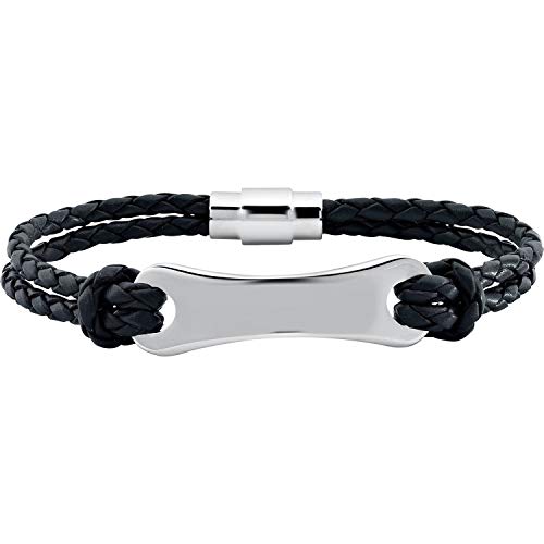 Bracelet en cuir noir et acier inoxydable 8" pour femme Cover