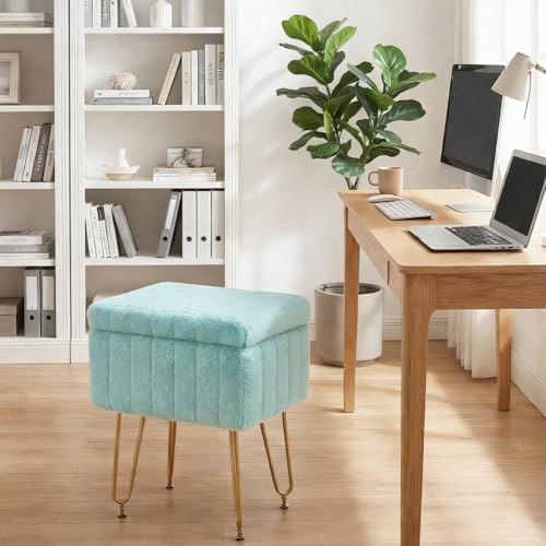 DUMOS Vanity Stool Chair with Storage, Small Ottoman Faux Fur Soft Padded Footstools Seat with 4 Metal Legs Anti-Slip Adjustable Feet Modern Footrest for Home Entryway Bedroom Makeup Mint by DUMOS - Used condition - Image 7