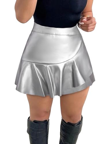 Benfoly PU Leather Skirts for Women High Waisted Ruffle Mini Skirt Bodycon Skirts Ruffle Silver X-Large
