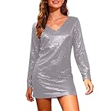 Paillettenbesetztes, langärmeliges, figurbetontes Minikleid mit dehnbarem, spitzem Kragen – das perfekte Outfit für Bühnen und Partys.(Silber,Einheitsgröße)