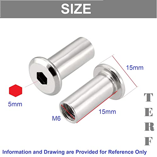 TERF® M6 X 15mm Joint Connector Nuts M6 (6mm) X 15mm Barrel Bolts Socket Head Insert Furniture Hexagonal Allen Flat Head Cap Nuts Alan Key Sleeve Hex Nut - Image 3