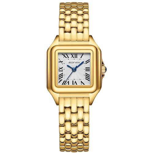 BOFAN Small Gold Watches for Women Easy Reader Ladies Quartz Wrist Watch with Stainless Steel Band,Roman Dial,Water Resistant,Bracelet Adjuster Included, White-Gold, Modern