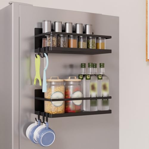 Image of KMUZAWN Magnetic Spice Rack for Refrigerator, 2 Pack Magnetic Shelf, Fridge Magnet Organizer with Moveable 6 Hooks, Magnetic Fridge Shelf for Kitchen Organization and Storage(Black, 2 Pack)