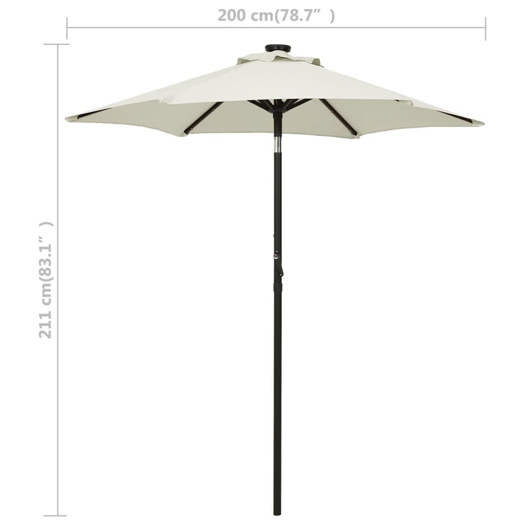 Parasol przeciwsłoneczny z oświetleniem LED, kolor piaskowo-biały, 200 x 211 cm, aluminium, pochylony, korba, ochrona przed promieniowaniem UV, wodoszczelny, zapewnia cień do ogrodu, na