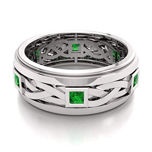 Diamondere Natural And Certified Princess Cut Emerald Wedding Band Ring In 14K White Gold | 0.60 Carat Celtic Knot Ring For Mens, Us Size 7 #TOP1