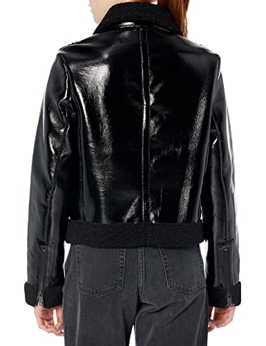 Marc New York By Andrew Marc Women's Moto Faux Patent Leather With Mixed Media Detail Jacket, Black, X-Large #TOP1